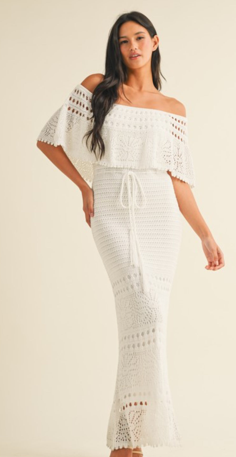 White off the shoulder crochet dress