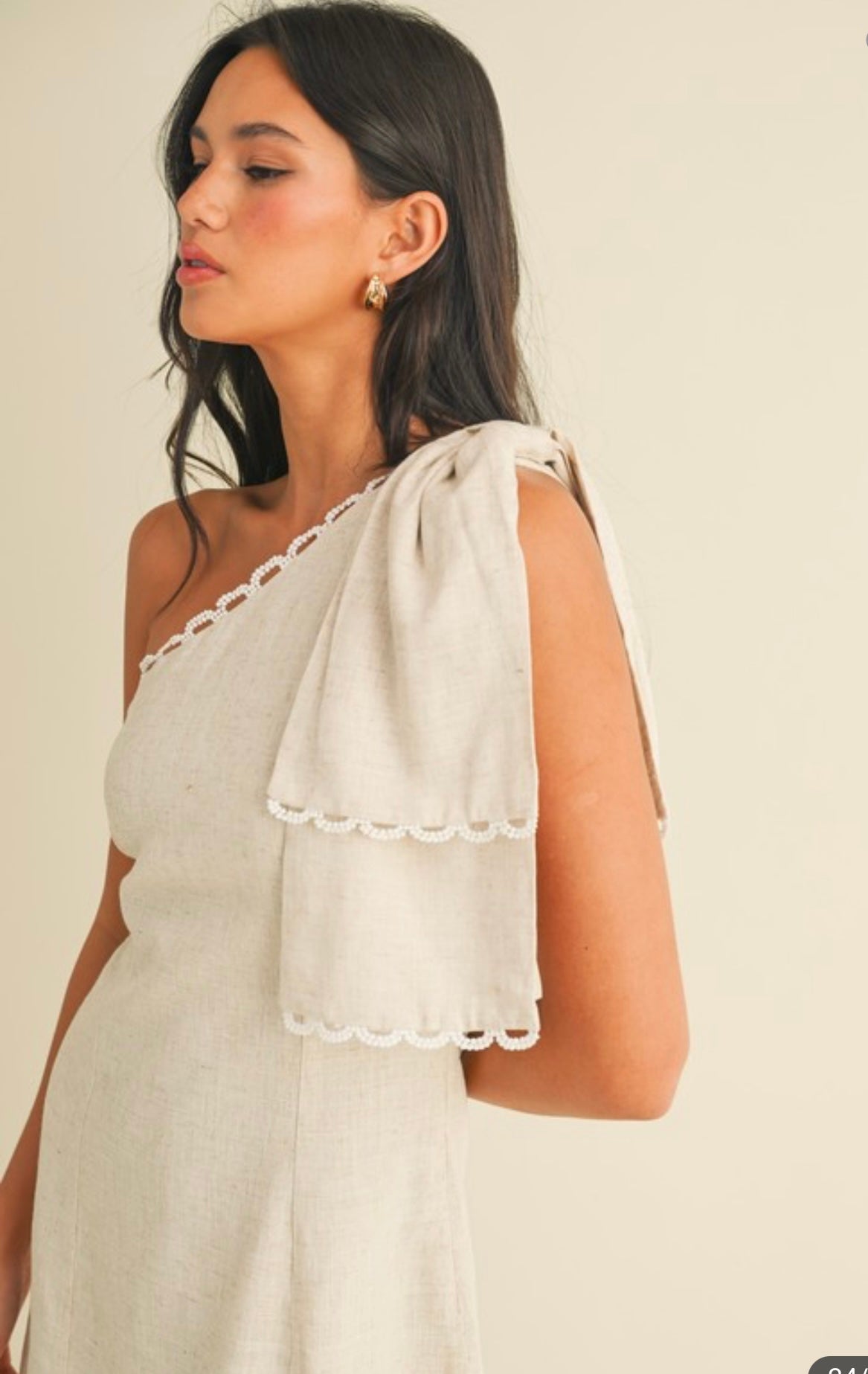 Linen One Shoulder Mini Dress With Lace Trim