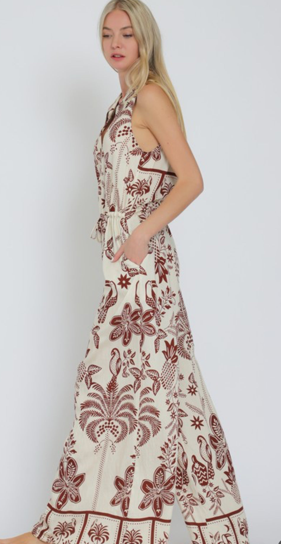 Sleeveless Button Down Tie Front Waisted Printed Jumpsuit