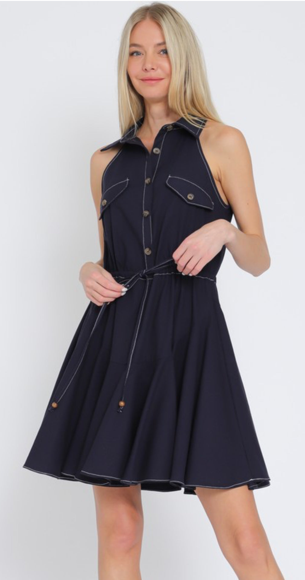 Navy Sleeveless Flare Short Dress