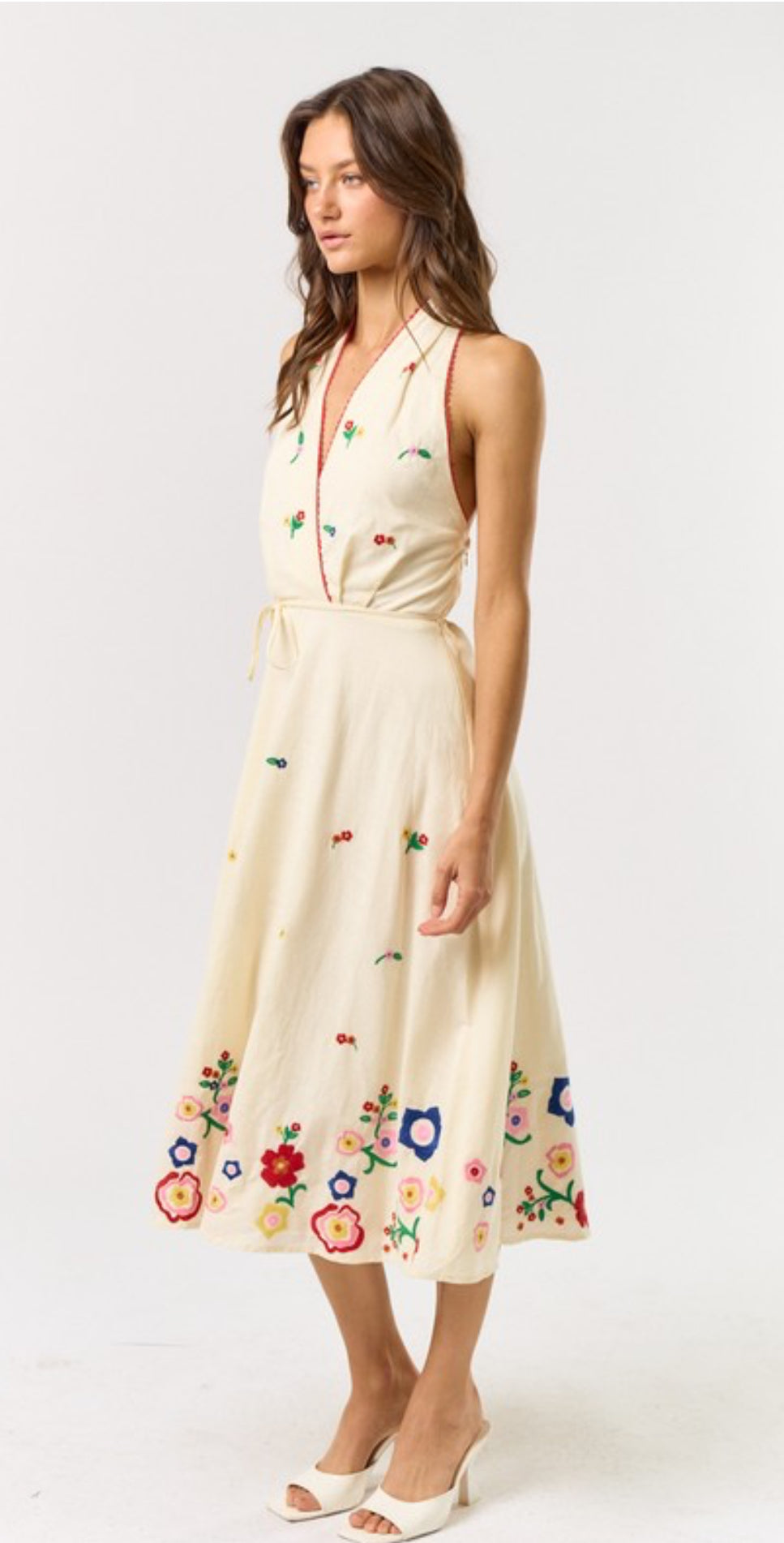 Embroidered Halter Cream Dress
