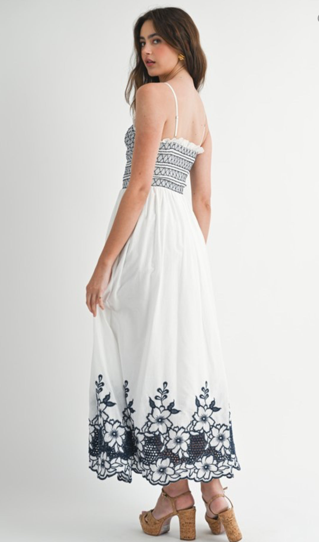 Embroidered Smocked Bodice Midi Dress