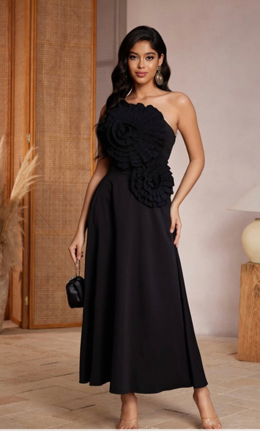 3D Flower Detail Black Dress