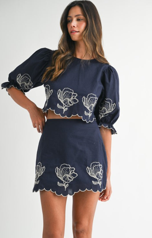 Embroidery Navy Skirt Set