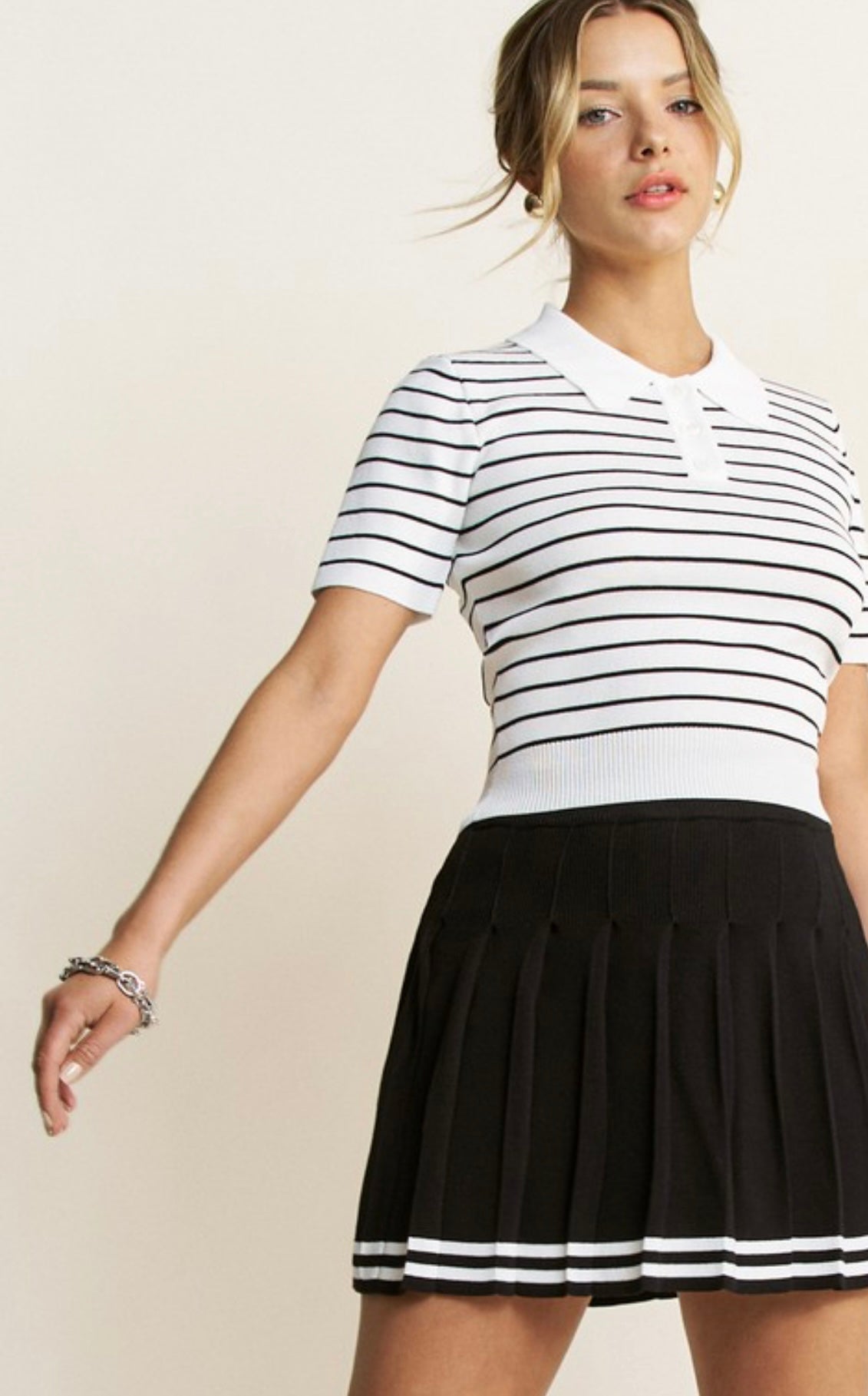 Striped Tennis Collared Knit Top Pleated Skort Set