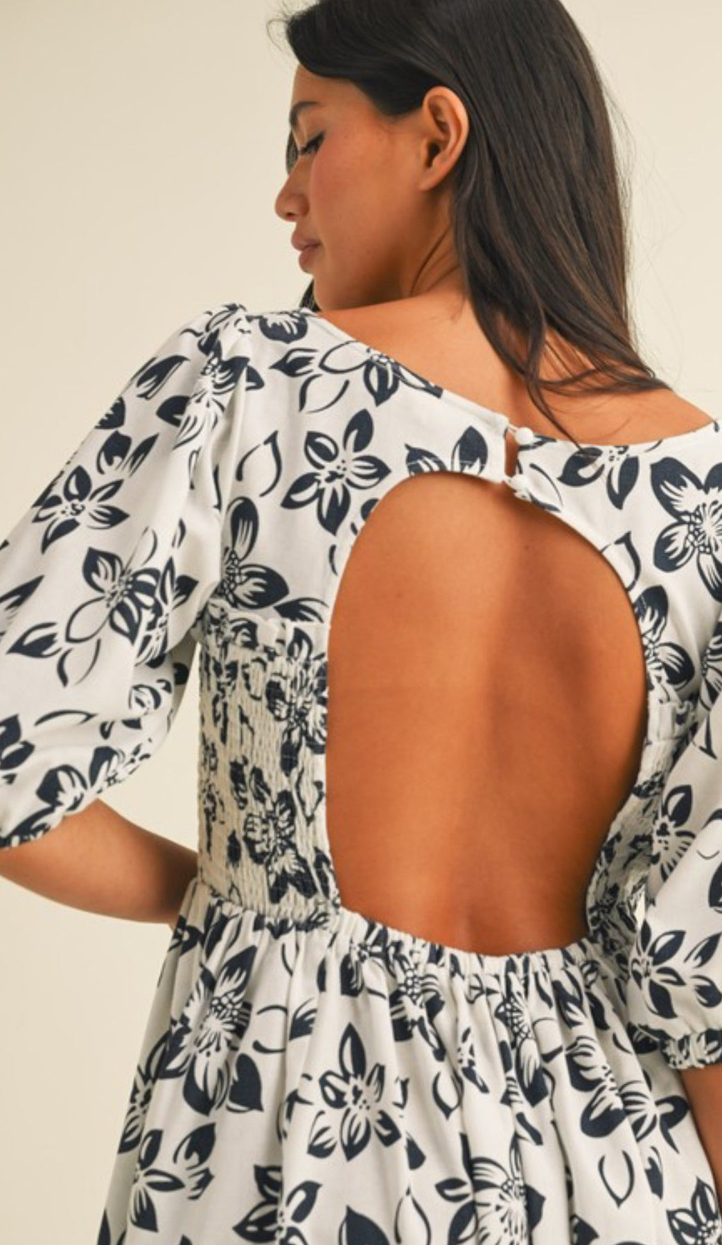 Floral Printed Puff Sleeve Open Back Dress
