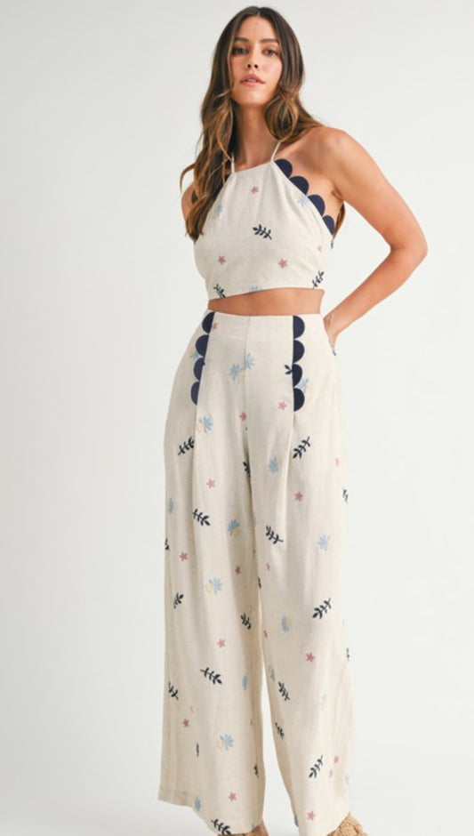 Nude Embroidered Scallop Pant Set