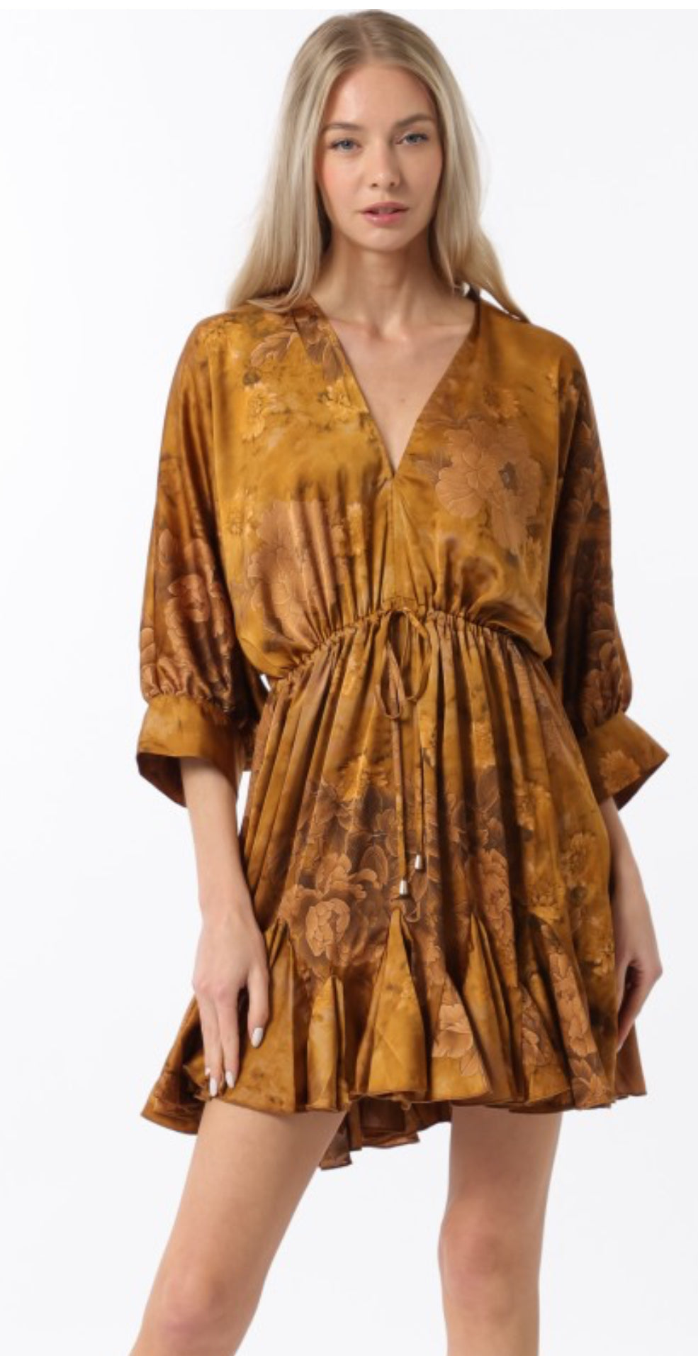 3/4 Dolman Sleeve Tie Front Mini Dress