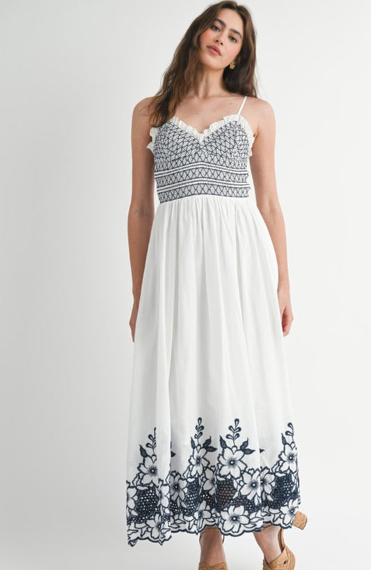 Embroidered Smocked Bodice Midi Dress
