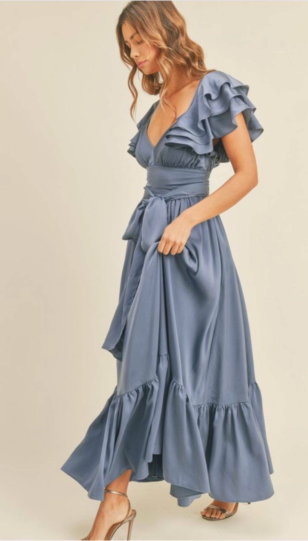 Ruffle Sleeves Blue Long Dress