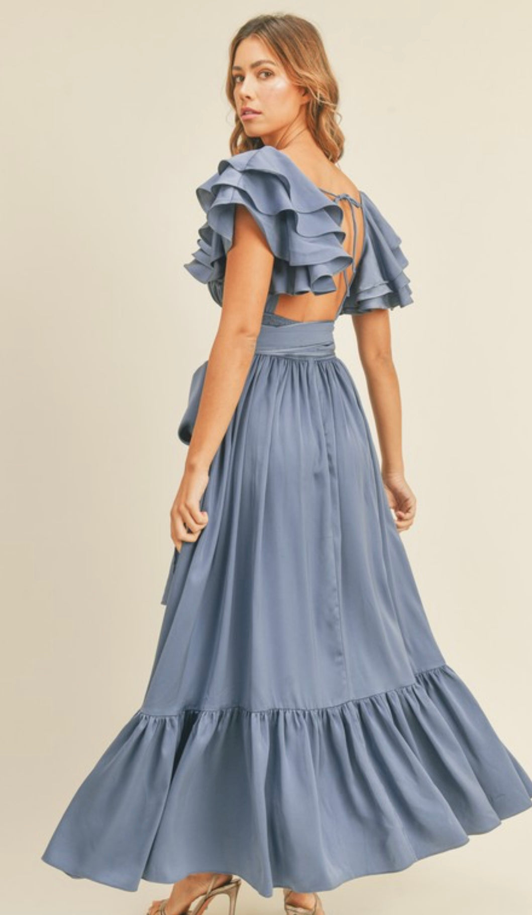 Ruffle Sleeves Blue Long Dress